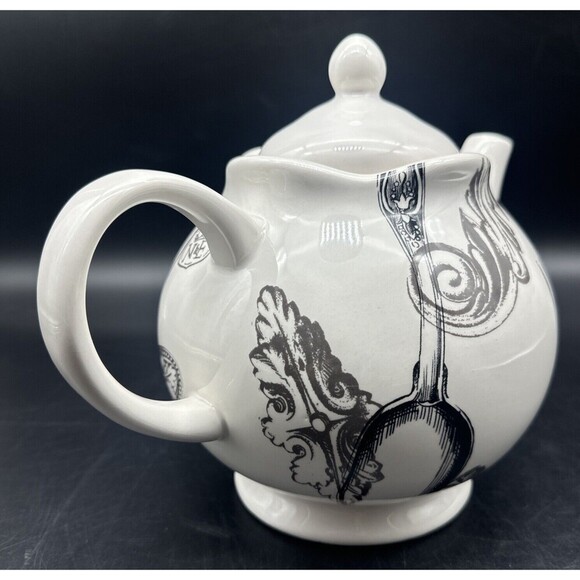 Magenta Exclusives White w/ Black Fork Spoon Knife Graphics Ceramic Teapot 80oz - Picture 5 of 10
